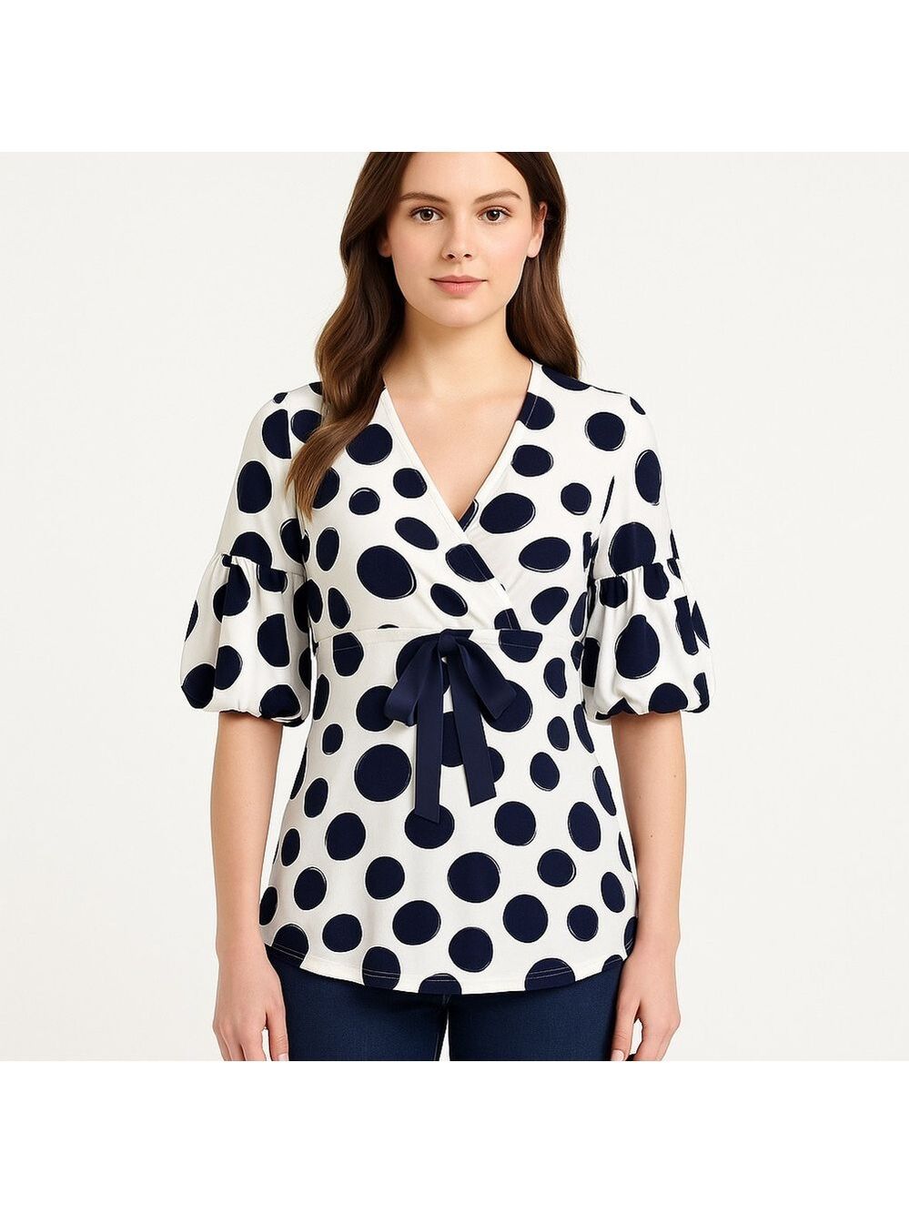 Sem Per Lei jersey top ecru white navy blue V wrap neck balloon sleeve 40 medium